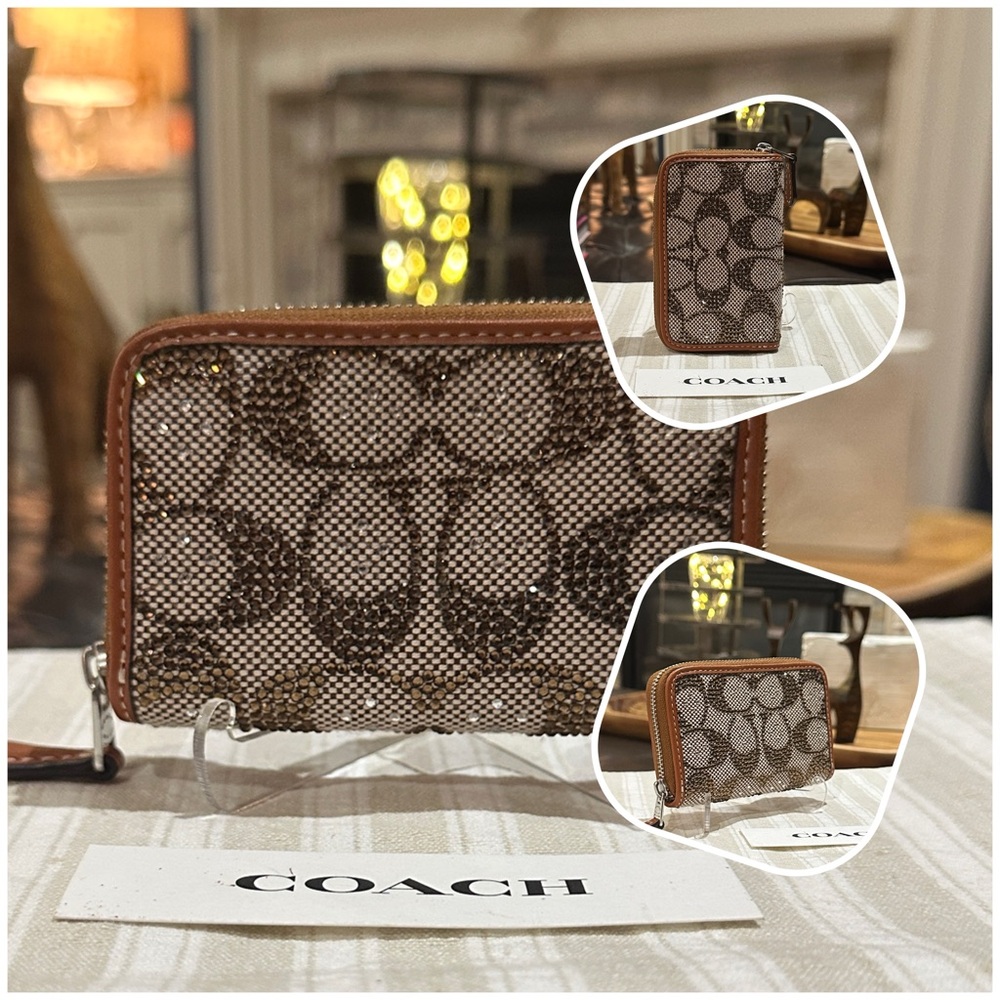 COACH Essential Zip-Around Card Case in Crystal Embellished Signature Jacquard